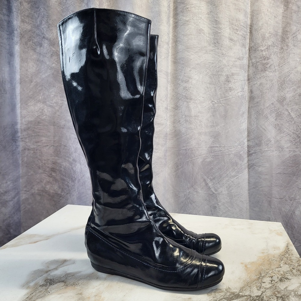 Lanvin Patent Leather Knee High Back Zip Boots Dark Blue Women's Size 6